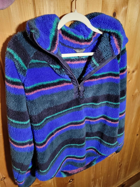 Eddie Bauer Sweaters - Eddie Bauer Blue & Black Striped Sherpa Half‑Zip Hoodie